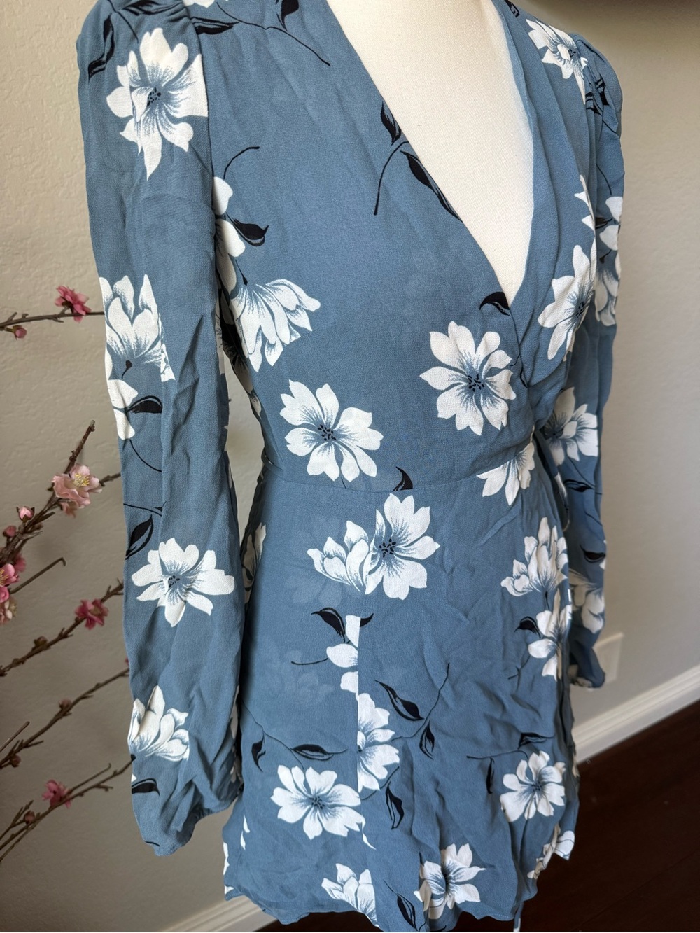 Reformation Floral Wrap Mini Dress in Slate Blue - Picture 2 of 6
